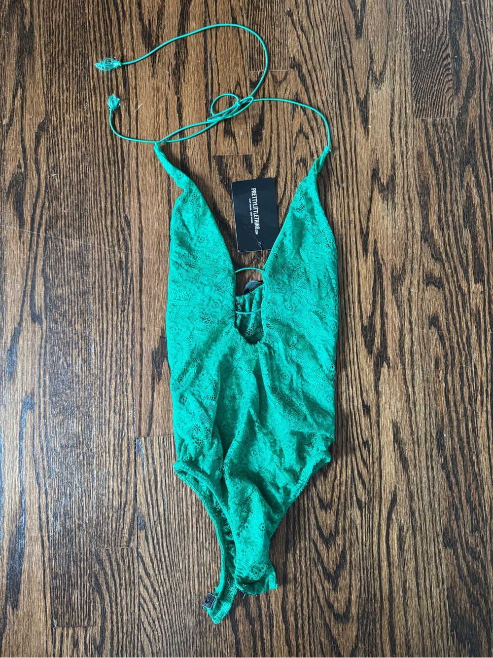 PrettyLittleThing Green Lace Halter Bodysuit